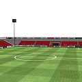 Football Stadium Featuring Green Turf Red Seating Stands White Marking Lines And Floodlight Poles