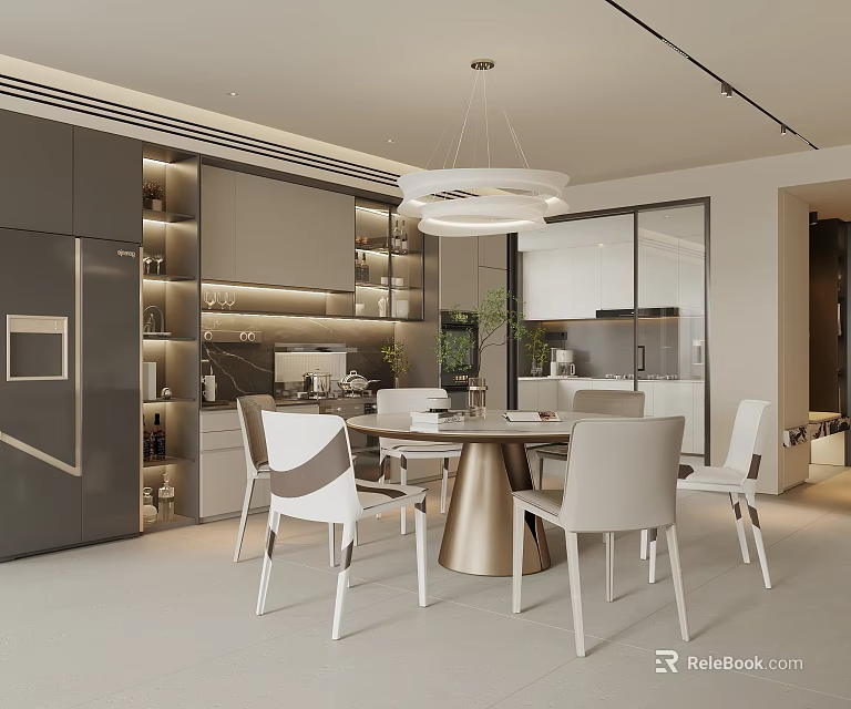 Modern Restaurant Interior With Round Dining Table White Chairs Gray Cabinets And Pendant Light 3d model 