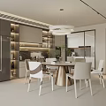 Modern Restaurant Interior With Round Dining Table White Chairs Gray Cabinets And Pendant Light