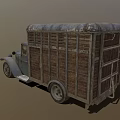 Vintage Old Truck With Wooden Cargo Bed And Farmer Leading Cow Nearby