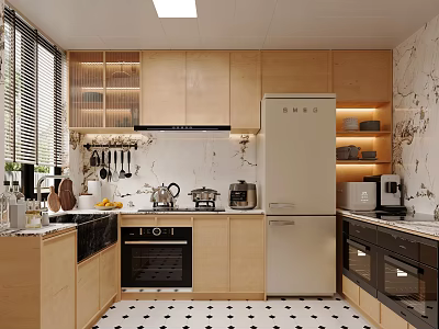 Modern Wooden Kitchen Interior With Marble Backsplash Black White Floor Tiles And Appliances 3d model