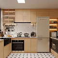 Modern Wooden Kitchen Interior With Marble Backsplash Black White Floor Tiles And Appliances