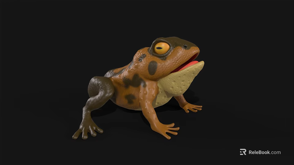 Brown And Yellow Frog Toy With Black Spots Open Mouth Large Eyes On Black Background 3d model 