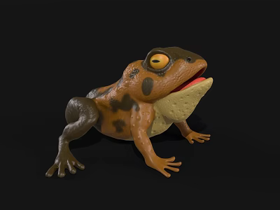 Brown And Yellow Frog Toy With Black Spots Open Mouth Large Eyes On Black Background 3d model