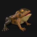 Brown And Yellow Frog Toy With Black Spots Open Mouth Large Eyes On Black Background