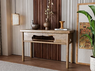 Wooden Entryway Console Table With Decorative Vase Books Potted Plant And Hanging Lamp 3d model