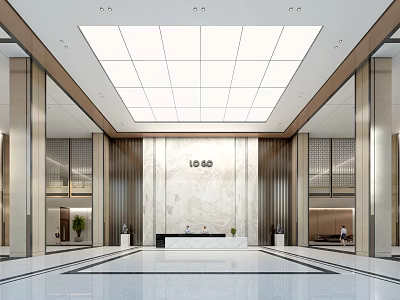 Service Hall Interior Design With Bright Lighting LOGO Wall Reception Desk Marble Floor Metal Decor 3d model