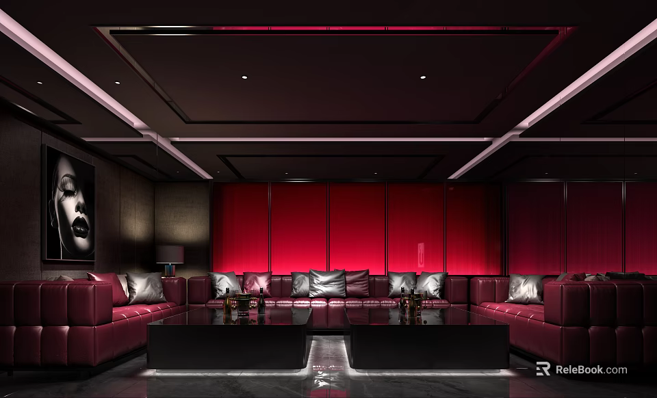 Modern KTV Lounge Interior With Red Leather Sofas Ambient Lighting And Decorative Design 3d model