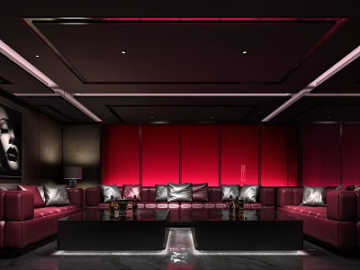 Modern KTV Lounge Interior With Red Leather Sofas Ambient Lighting And Decorative Design 3d model
