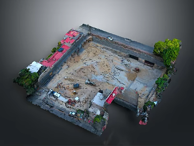Aerial View of Unique Landscape with Dirt Area Red Structures and Surrounding Green Trees 3d model