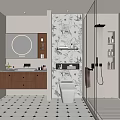 Modern Elegant Bathroom Interior With Round Mirror Wooden Vanity And Patterned Wall 3d model
