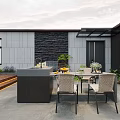 Roof Garden with Outdoor Dining Table Chairs Kitchen Counter Wooden Deck and Lush Plants