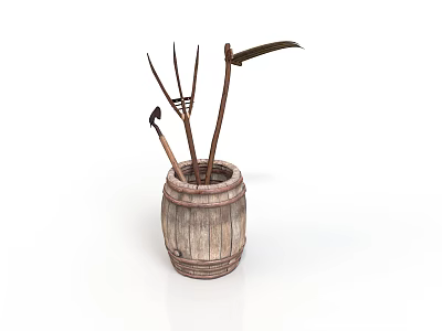 Vintage Industrial Equipment In Wooden Barrel Including Fork Sickle And Tools 3d model