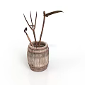 Vintage Industrial Equipment In Wooden Barrel Including Fork Sickle And Tools
