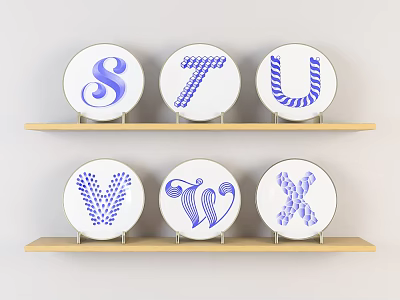 Blue Letter Decorative Plates On Wooden Shelves Wall Display S T U V W X 3d model