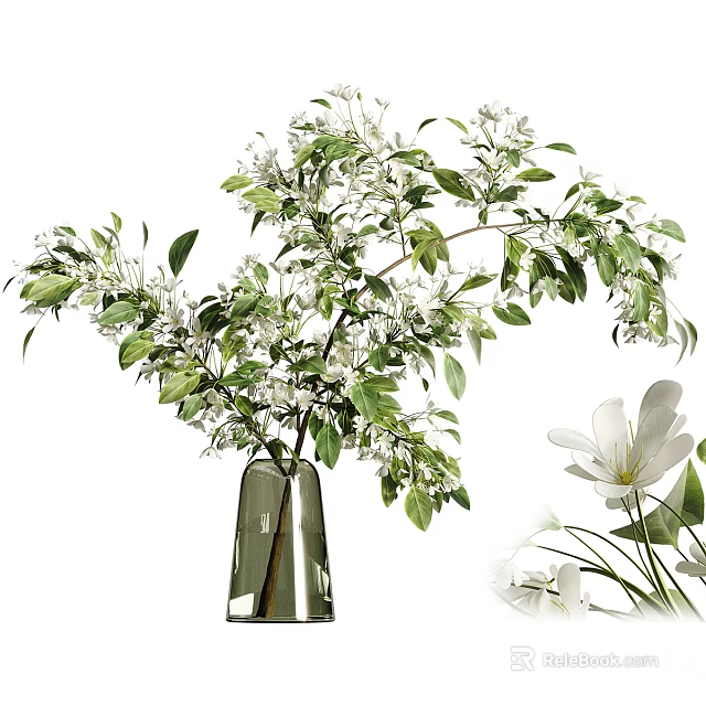 Decorative Transparent Glass Vase With Lush White Flowers And Green Leaves 3d model 