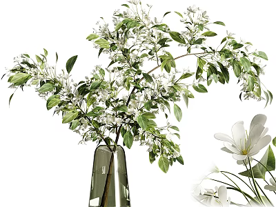 Decorative Transparent Glass Vase With Lush White Flowers And Green Leaves 3d model