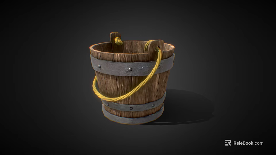 Wooden Decorative Bucket Ornament With Metal Hoops And Yellow Rope Handle 3d model 