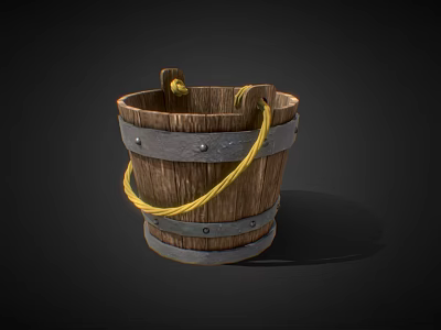 Wooden Decorative Bucket Ornament With Metal Hoops And Yellow Rope Handle 3d model