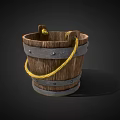 Wooden Decorative Bucket Ornament With Metal Hoops And Yellow Rope Handle