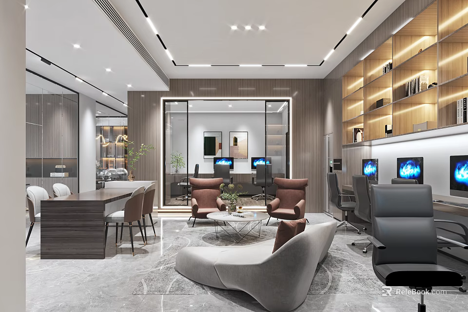 Modern Public Office Space Interior With Open Layout Office Furniture And Green Plants 3d model 