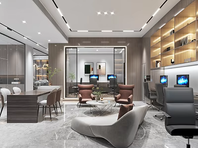 Modern Public Office Space Interior With Open Layout Office Furniture And Green Plants 3d model