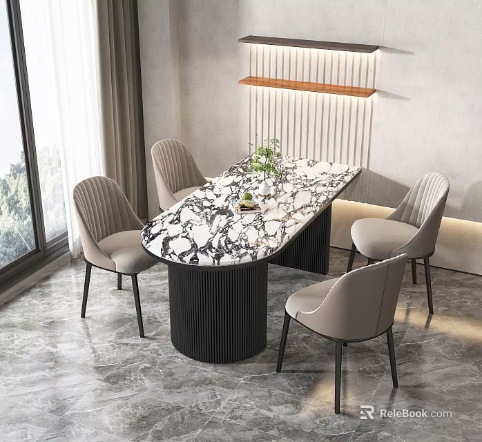 Elegant Modern Dining Table Set With Marble Tabletop Light Gray Chairs And Black Legs 3d model
