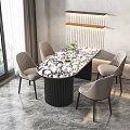 Elegant Modern Dining Table Set With Marble Tabletop Light Gray Chairs And Black Legs 3d model