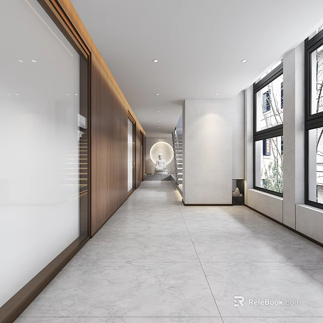 Modern Elevator Corridor With Wooden Walls And Marble Flooring 3d model