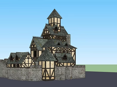 Ancient Medieval Building with Pointed Tower Timber Framed Structure Stone Walls and Multiple Roofs 3d model