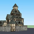 Ancient Medieval Building with Pointed Tower Timber Framed Structure Stone Walls and Multiple Roofs