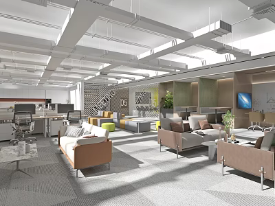 Modern Public Office Space Interior With Open Layout Sofas Tables Plants And TV 3d model