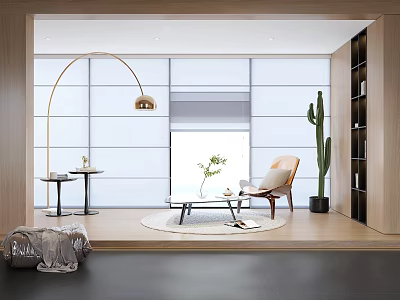 Modern Home Balcony Interior With Large Windows Golden Arc Floor Lamp Armchair Cactus And Bookshelf 3d model