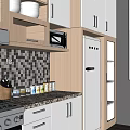 Modern Kitchen Interior With Cabinets Bar Counter Two Stools Glasses And Person By Window