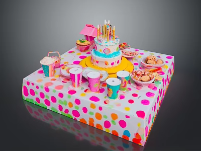 Colorful Birthday Party Food Display with Decorated Cake Candles Cups and Snacks 3d model