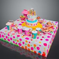 Colorful Birthday Party Food Display with Decorated Cake Candles Cups and Snacks