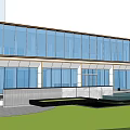Modern Glass Curtain Wall Residential Building With Green Lawn And Urban Backdrop At Dusk