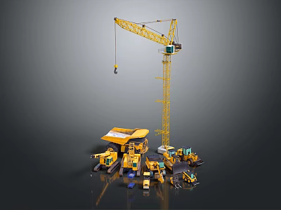 Different Types Of Yellow Heavy Construction Machinery With Tower Crane Bulldozer And Excavators 3d model