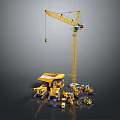 Different Types Of Yellow Heavy Construction Machinery With Tower Crane Bulldozer And Excavators