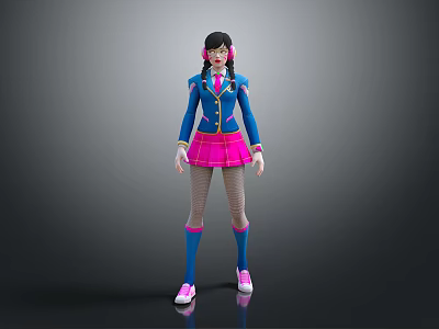 Anime Style 3D Character With Blue Jacket Pink Skirt Striped Stockings And Headphones 3d model