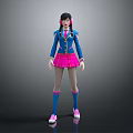 Anime Style 3D Character With Blue Jacket Pink Skirt Striped Stockings And Headphones