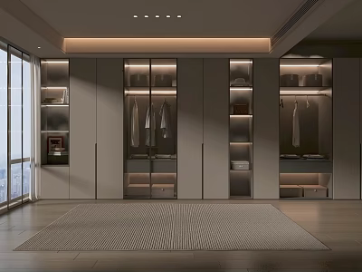 Modern Closet Design with Multiple Cabinets Hanging Clothes Shelves and Integrated Lighting 3d model