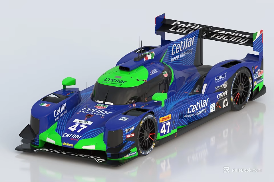 Blue And Green Cetilar Racing Car With Number 47 Aerodynamic Design 3d model 