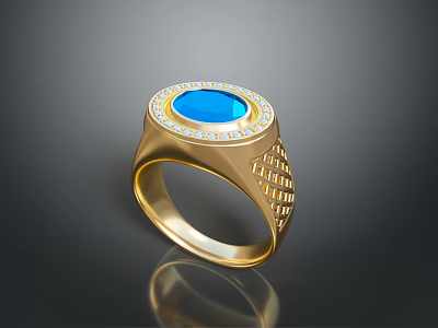 Elegant Gold Ring With Blue Gemstone And Diamonds Featuring Side Grid Pattern Design 3d model