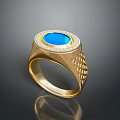 Elegant Gold Ring With Blue Gemstone And Diamonds Featuring Side Grid Pattern Design