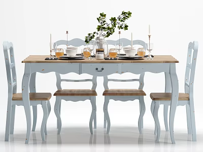 Dining Table Set with Wooden Top White Legs Matching Chairs Dinnerware Vase Greenery and Candles 3d model