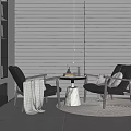 Casual Sofa Set With Black Leather Armchairs Round Coffee Table Blanket And Fireplace Background