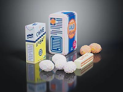 Colorful Food Display with Sugar Butter and Round Candy Balls in Boxes 3d model
