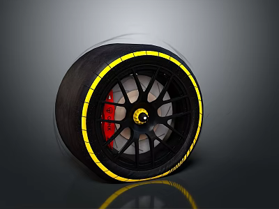 High Performance Car Tire With Yellow Accent Stripe Black Wheel Rim And Red Brake Caliper 3d model