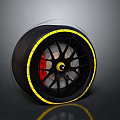 High Performance Car Tire With Yellow Accent Stripe Black Wheel Rim And Red Brake Caliper